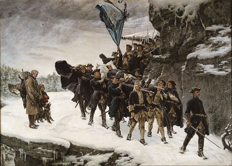 Carrying home the body of Swedish King Charles XII after being shot in the head while inspecting trenches at Fredriksten, November 30th, 1718, O.S., by Gustaf Cederstrom (1845-1933) Location TBD.